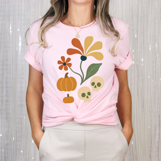 Boho Floral Skull and Pumpkin
